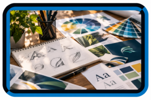 Creative branding and graphic design workspace featuring logo sketches, color palettes, typography samples, and printed marketing materials.