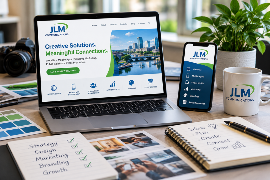 JLM Communications digital marketing and web design workspace featuring a laptop, mobile app, and branding materials.