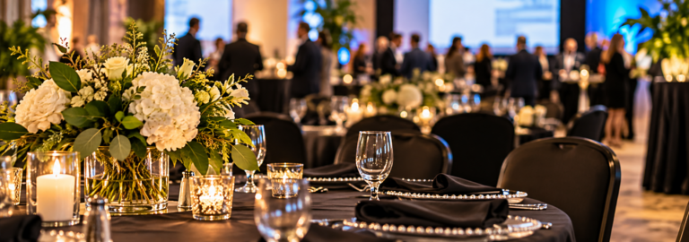 Elegant corporate event venue featuring floral centerpieces, candlelit tables, and guests networking at a professionally organized reception.