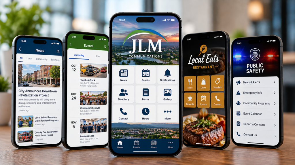 Custom mobile app designs displayed on smartphones, featuring news, events, business services, and public safety information.