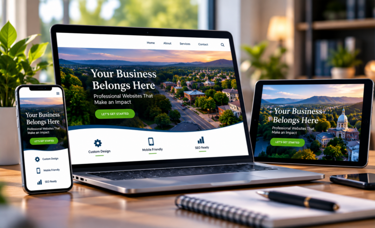 Responsive website design displayed on a laptop, smartphone, and tablet, showcasing professional, mobile-friendly web development and SEO optimization.